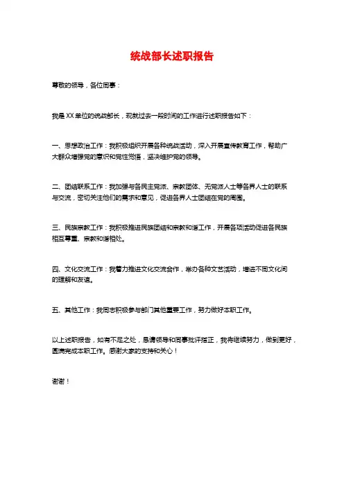 统战部长述职报告