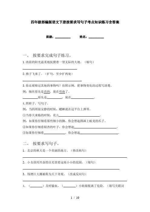 四年级部编版语文下册按要求写句子考点知识练习含答案