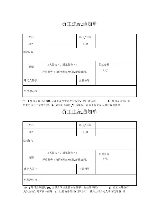 员工违纪通知单