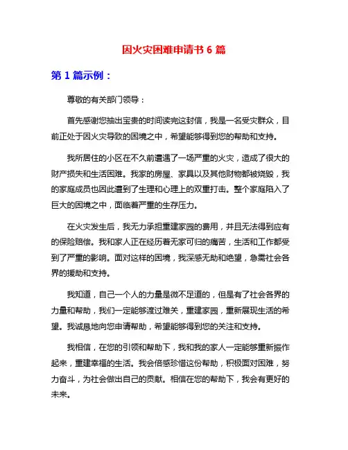 因火灾困难申请书6篇