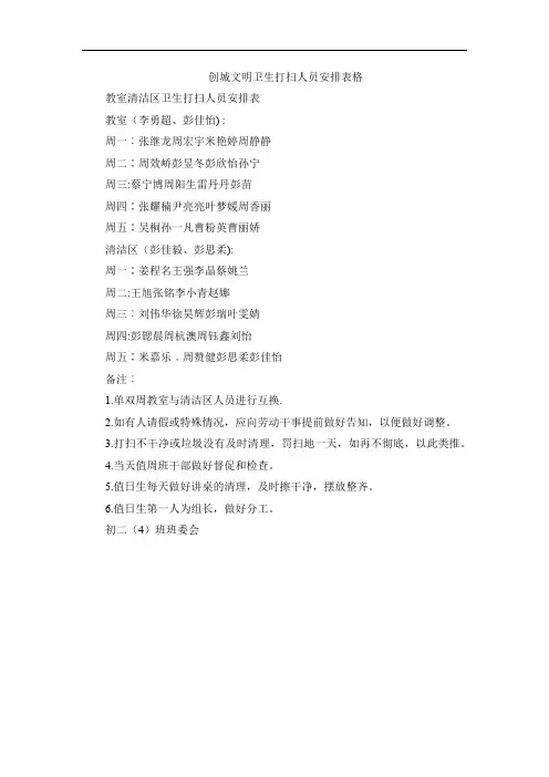 创城文明卫生打扫人员安排表格