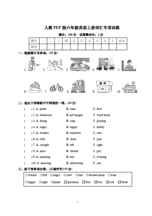 人教PEP版六年级英语上册词汇专项训练含答案