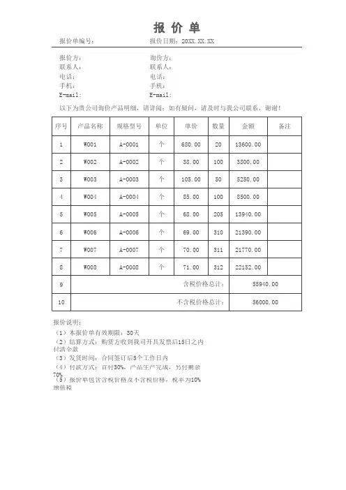产品报价单表格通用报价单模版