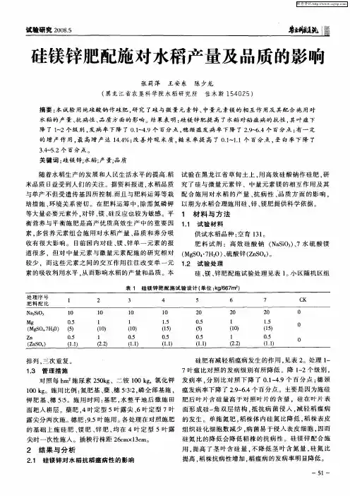 硅镁锌肥配施对水稻产量及品质的影响