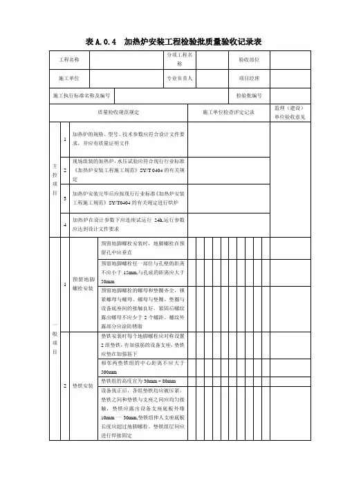 表A.0.4  加热炉安装工程检验批质量验收记录表(2019版)