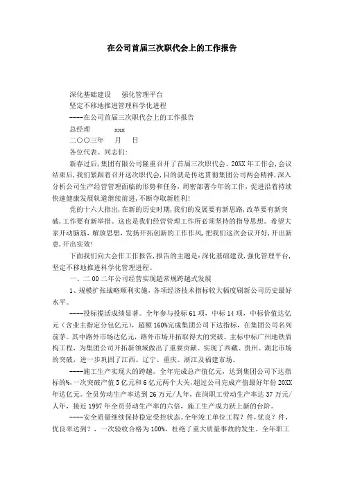 在公司首届三次职代会上的工作报告-总结报告模板