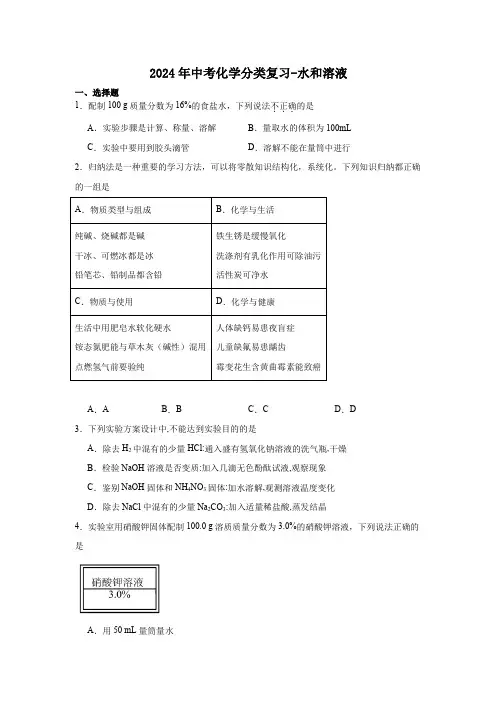 2024年中考化学分类复习----水和溶液(含答案)