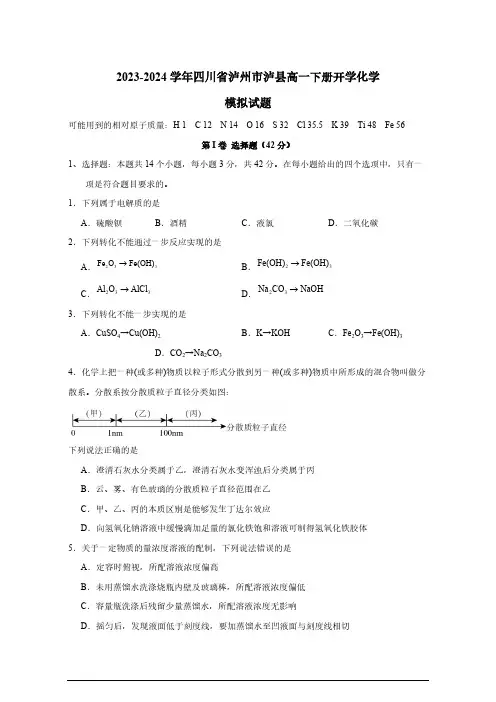 2023-2024学年四川省泸州市泸县高一下册开学化学模拟试题(有答案)