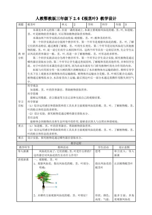 【核心素养目标】2.6《根茎叶》教案-小学科学科教版三年级下册
