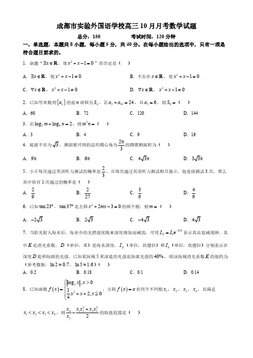 四川省成都市实验外国语学校2024-2025学年高三上学期10月月考数学试题(含答案)