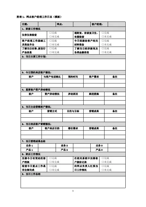 附4：网点客户经理工作日志(模板)
