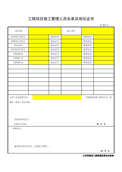 工程项目施工管理人员名单及岗位证书