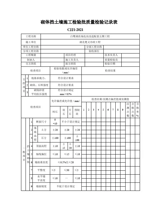 砌体挡土墙施工检验批质量检验记录表