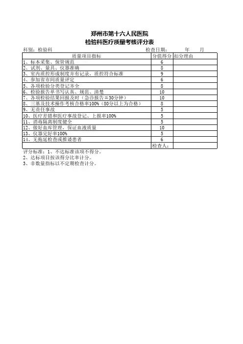 检验科医疗质量考核评分表