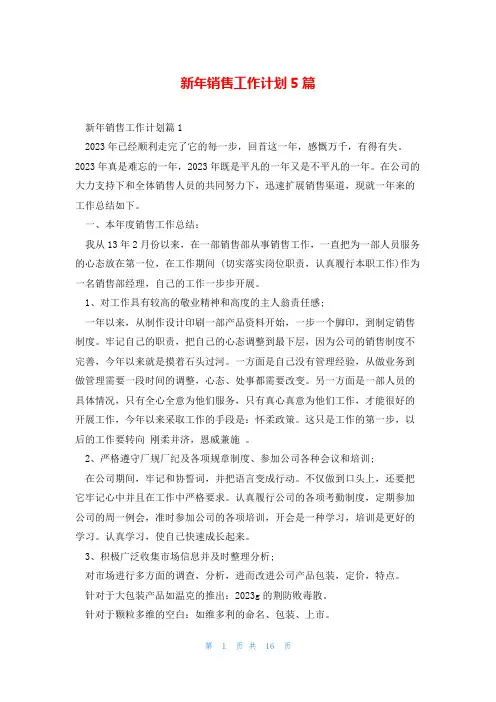 新年销售工作计划5篇