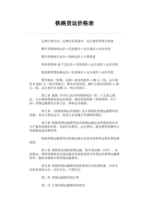 铁路货运价格表