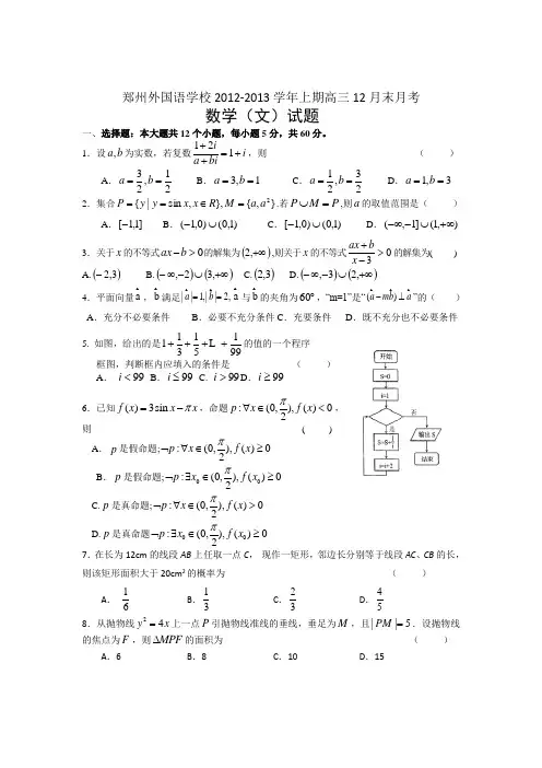 河南省郑州外国语学校2012-2013学年上期高三12月末月考数学文试题
