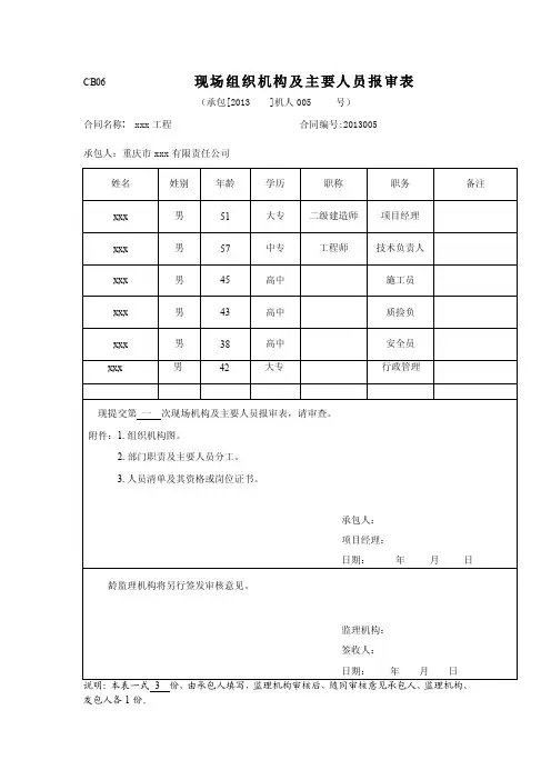 水利工程现场组织机构及主要人员报审表