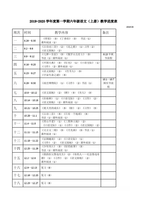 人教版六年级上册语文进度表