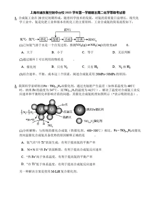 上海市浦东复旦附中分校 2023学年第一学期期末高二化学等级考试卷