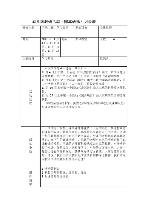 幼儿园教研活动(园本研修)记录表