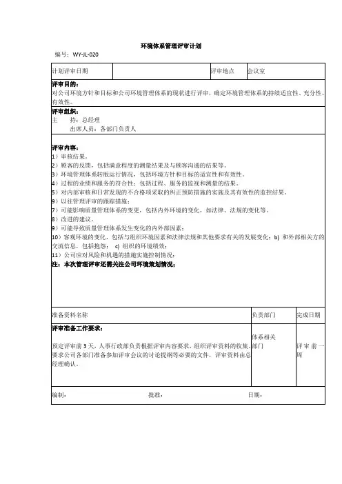 环境体系管理评审计划