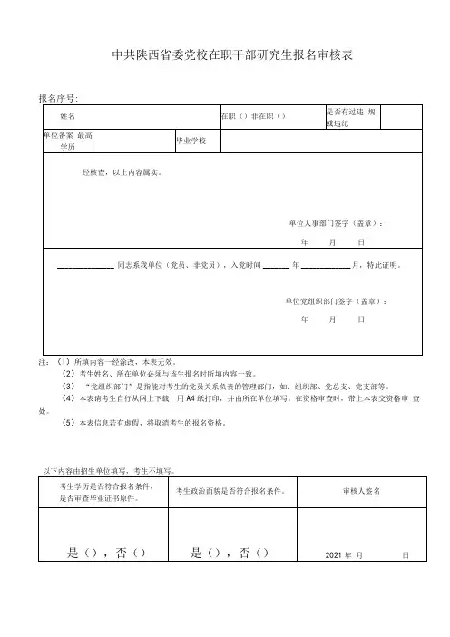 中共陕西省委党校在职干部研究生报名审核表