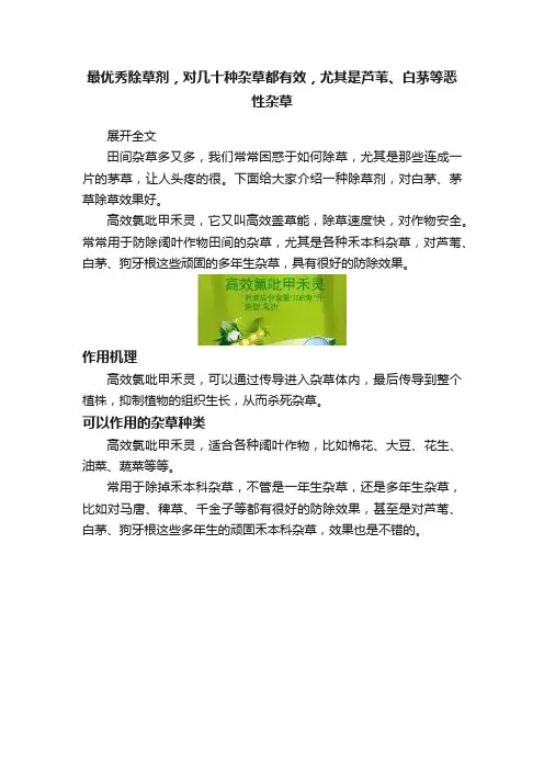 最优秀除草剂，对几十种杂草都有效，尤其是芦苇、白茅等恶性杂草