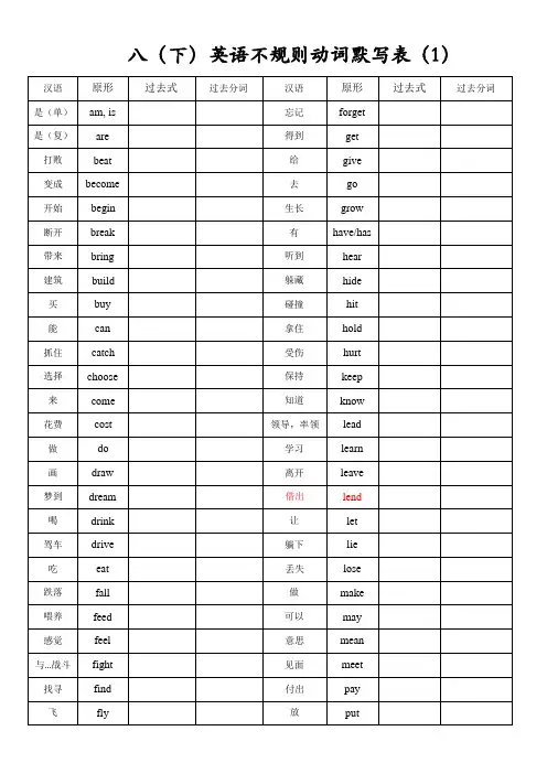 不规则动词默写表(八下)