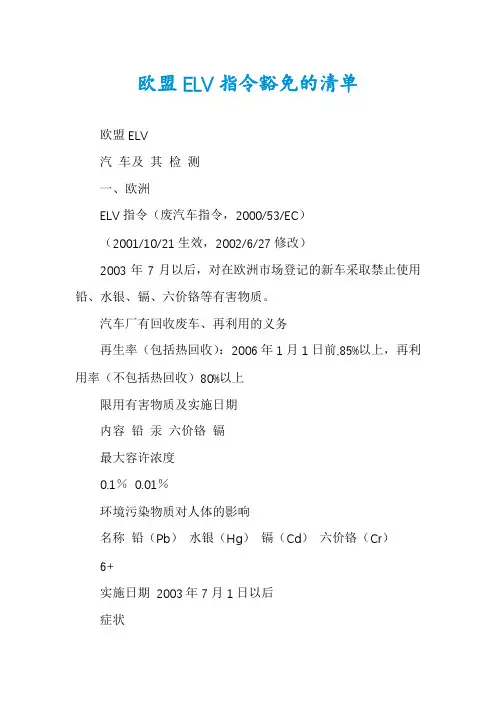 欧盟ELV指令豁免的清单