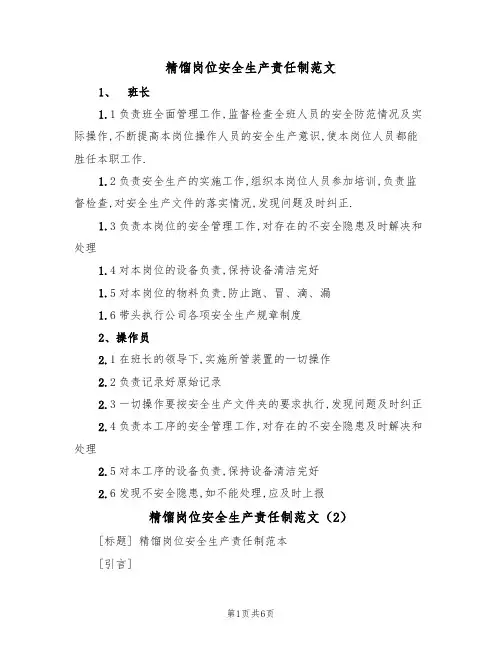 精馏岗位安全生产责任制范文（3篇）