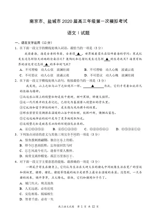 南京市盐城市高三第一次模拟考试语文试卷含答案