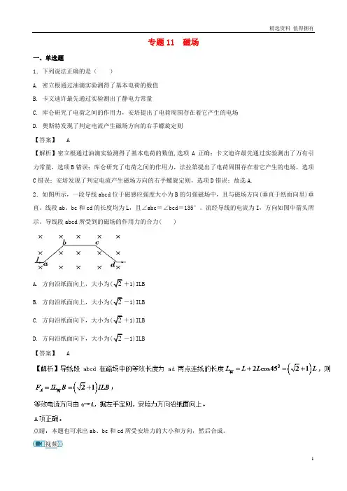 「精品」高考物理试题分项版汇编系列专题11磁场含解析
