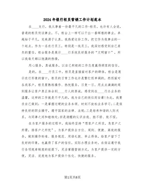 2024年银行柜员营销工作计划范本（二篇）
