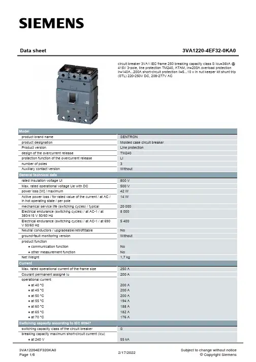 SENTRON 3VA1 三极模具保护电源断路器数据表说明书
