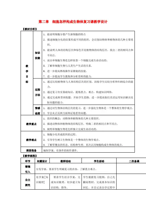 初中生物_细胞怎样构成生物体教学设计学情分析教材分析课后反思