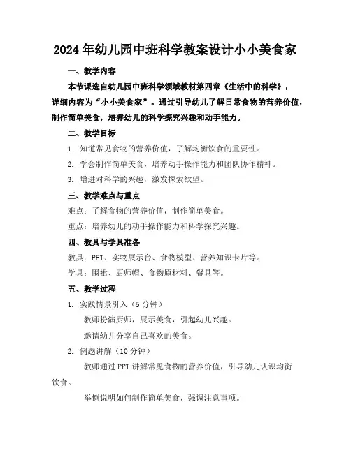 2024年幼儿园中班科学教案设计小小美食家