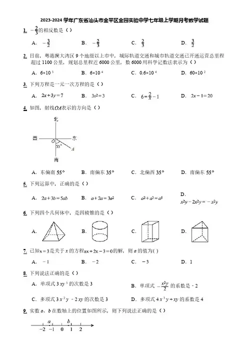 2023-2024学年广东省汕头市金平区金园实验中学七年级上学期月考数学试题