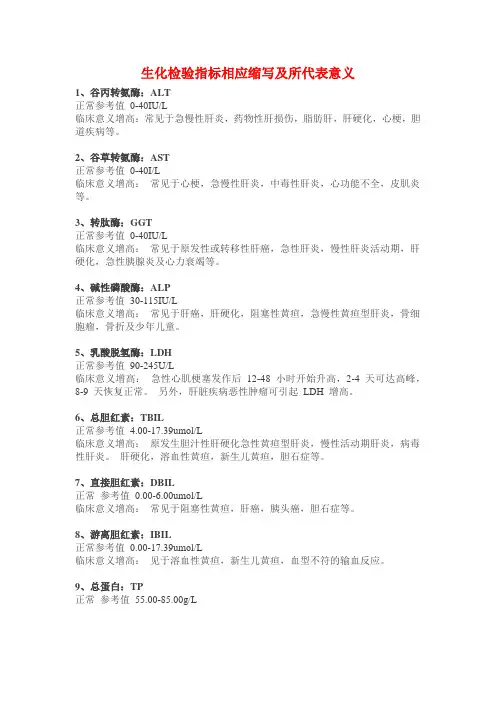 生化检验指标相应缩写及所代表意义