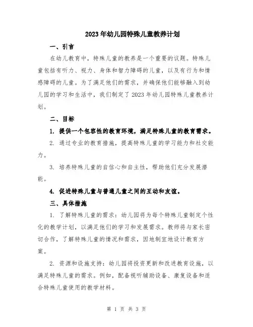 2023年幼儿园特殊儿童教养计划
