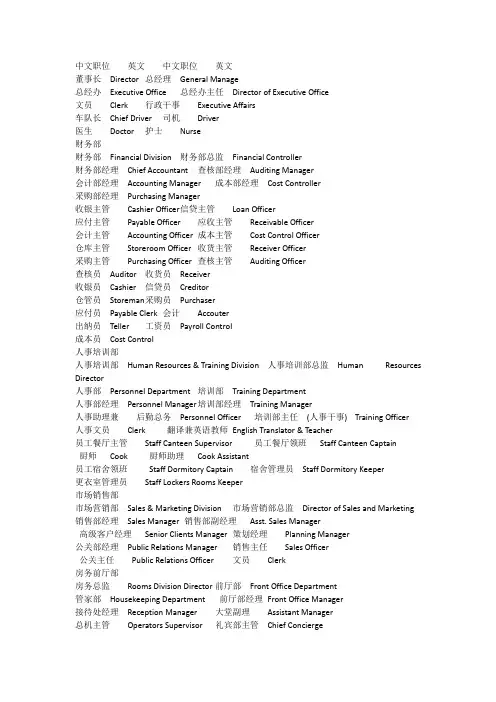 酒店各职位中英文对照表