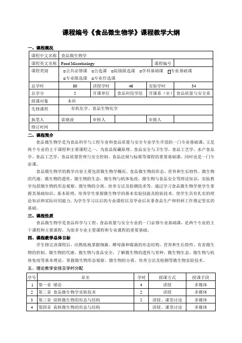 食品微生物学 教学大纲