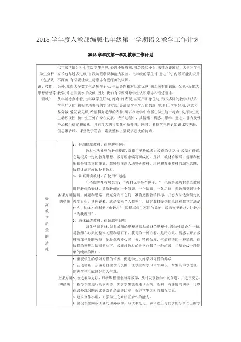 2018学年度人教部编版七年级第一学期语文教学工作计划