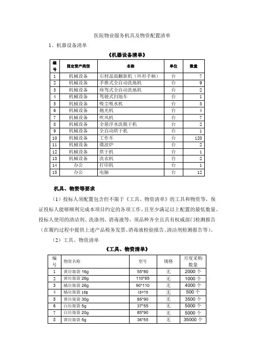 医院物业服务机具及物资配置清单