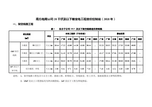 【附件】附件1-2南方电网公司20千伏及以下输变电工程造价控制线(2018年)