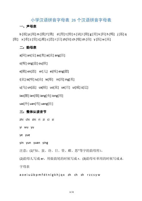 小学汉语拼音字母表_26个汉语拼音字母表
