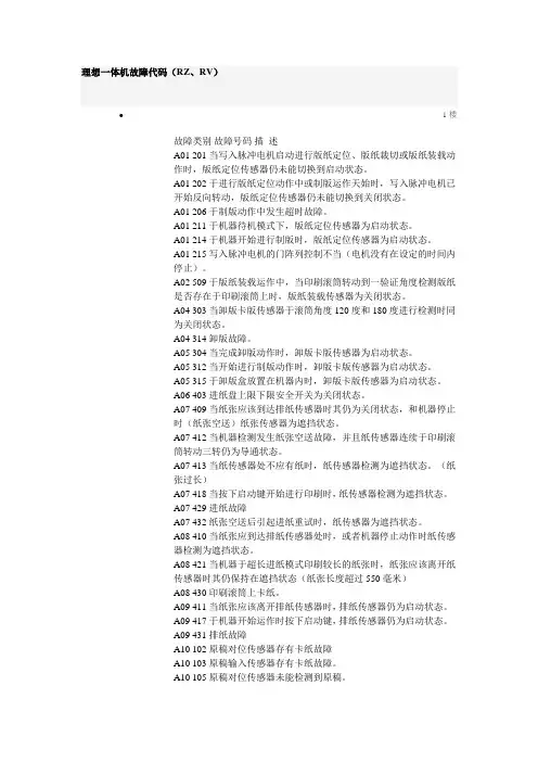 理想一体机故障代码(RZ、RV)
