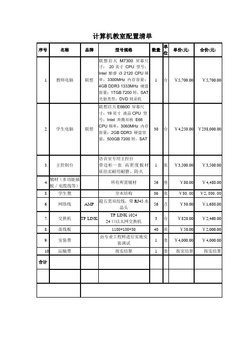 计算机教室配置清单