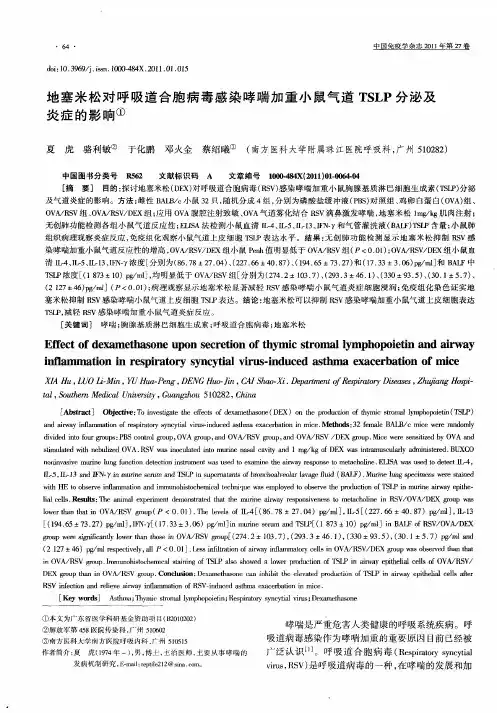 地塞米松对呼吸道合胞病毒感染哮喘加重小鼠气道TSLP分泌及炎症的影响