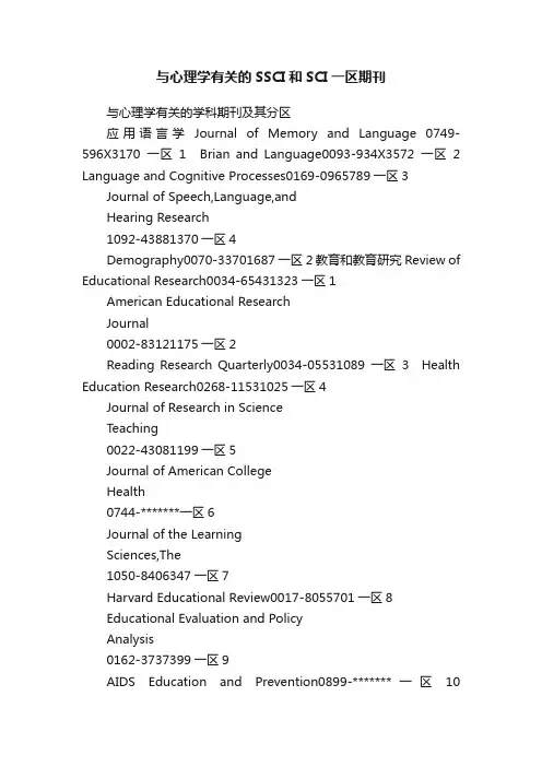 与心理学有关的SSCI和SCI一区期刊